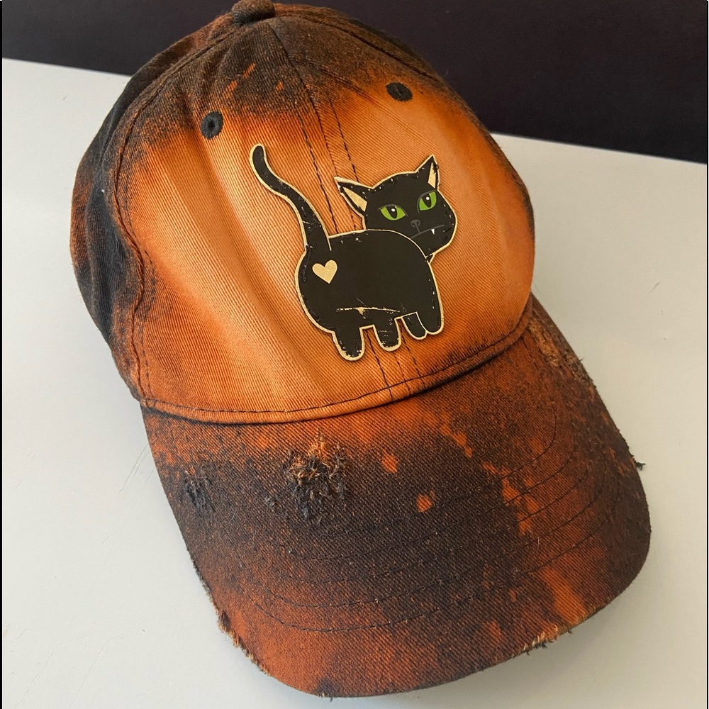 Custom Distressed Cat Butt Black Dad Hat Cap Emo